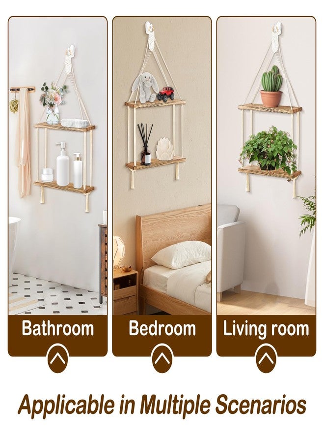 WATUNID Macrame Wall Hanging Shelves Boho Room Decor, 2 Tier Handmade Cotton Rope Rustic Wood Corner Floating Shelves with 2 Hooks, Decorative Hanging Storage Shelf for Living Room, Bathroom, Bedroom - Image 4